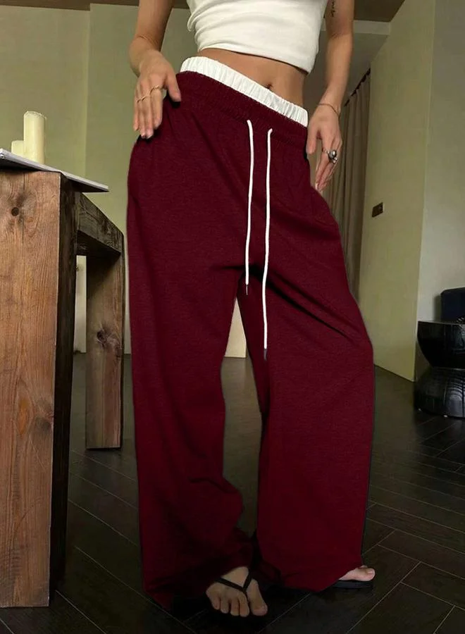 تايك تو Burgundy Solid Elastic Drawstring Waist Wide Leg Joggers