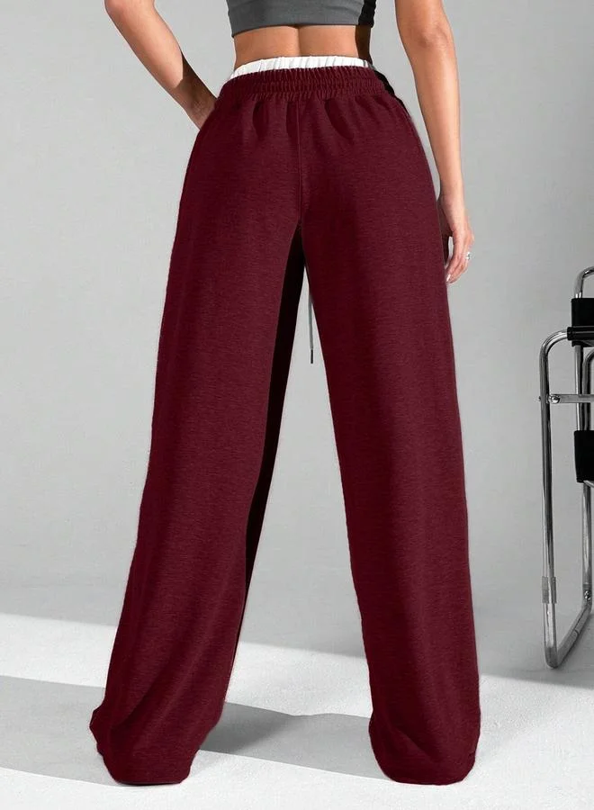 تايك تو Burgundy Solid Elastic Drawstring Waist Wide Leg Joggers