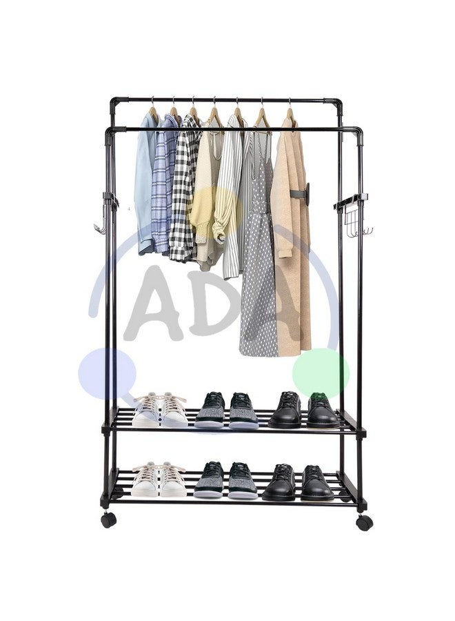 ADA ADA ® Premium High Density Metal Dual Layer Drizzle Garment Rack, 2-Tier Clothes Rail with 10 Side Hooks - Black (84 x 30 x 155cm)  - Image 1