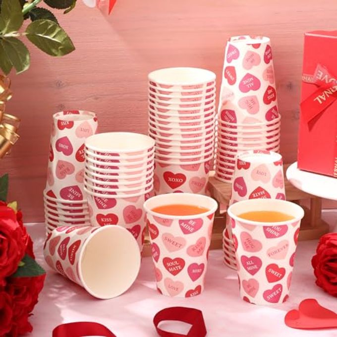 Jingmore 50 Pcs Valentine's Day Paper Cups 12 oz Valentines Coffee Cups Disposable Heart Paper Cup Hot Chocolate Tea Drinkware for Galentine's Day Party Coffee Bar Supplies(Lovely Style) - Image 2