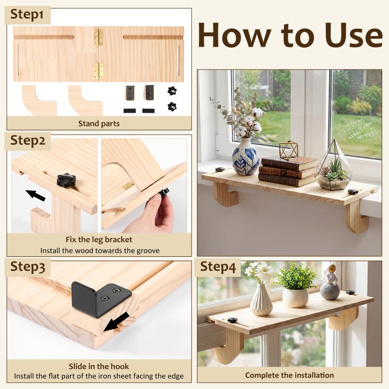 BrightRow 1 Pcs Brown Window Sill Plant Shelf for Plants 21.65 x 7.09 x 5.91 Inch Windowsill Extender Window Plant Floating Shelves No Drilling Wooden Bracket for Cat Perch Indoor Planters - Image 3