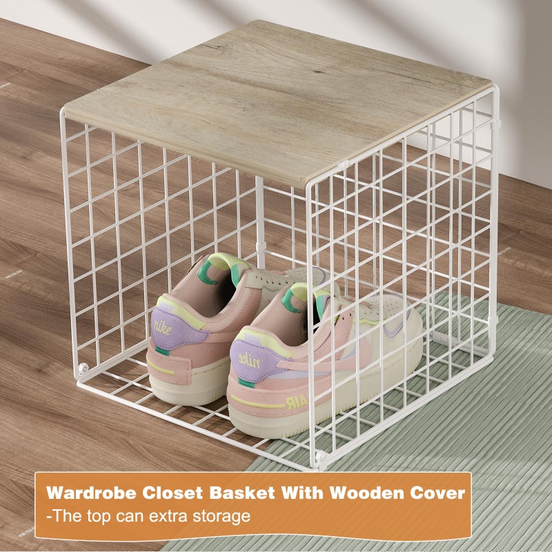 Hencawima 3PCS Stackable Closet Organizers and Storage, Closet Shelves with Wood Top Extra Storage, Clothes Storage Organizer Basket Bin/Cube for Home Wardrobe Organization(White-Sturdy Metal) Patent Pending - Image 3