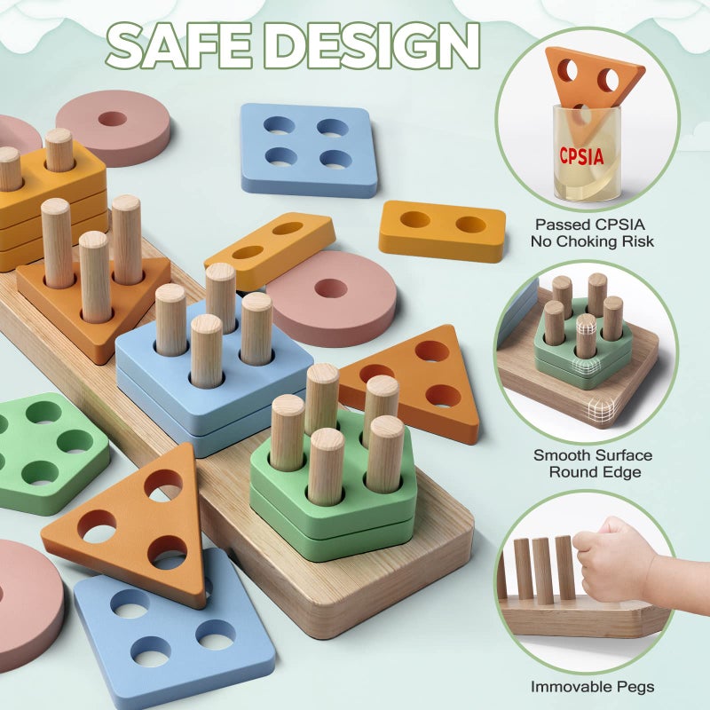 PEBIRA Montessori Toys for 1 2 Year Old, Wooden Sorting and Stacking Toys for Toddlers, Baby Shape Sorter and Color Stacker Blocks for Toddler, Preschool Learning Toy, Gift for 12-18 Month Boys Girls - Image 2