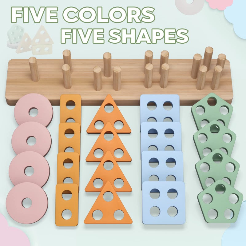 PEBIRA Montessori Toys for 1 2 Year Old, Wooden Sorting and Stacking Toys for Toddlers, Baby Shape Sorter and Color Stacker Blocks for Toddler, Preschool Learning Toy, Gift for 12-18 Month Boys Girls - Image 5