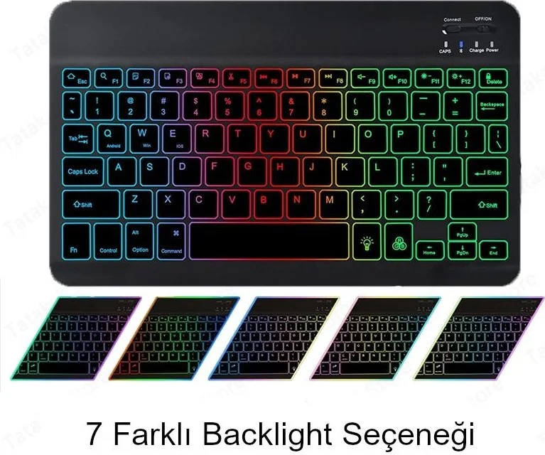 Valkyrie RGB 7 Color Rainbow Bluetooth Wireless Turkish Keyboard - Android Ios Windows Compatible - Rechargeable - 10 Inch - Multimedia - Ultra Thin Design