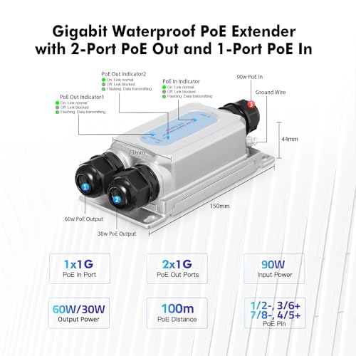 MokerLink Outdoor 3 Port Gigabit PoE Extender, IEEE 802.3 af/at/bt PoE Repeater 90W, 10/100/1000Mbps, 1 PoE in 2 PoE Out, Wall Mount IP67 Waterproof POE Passthrough Switch - Image 5