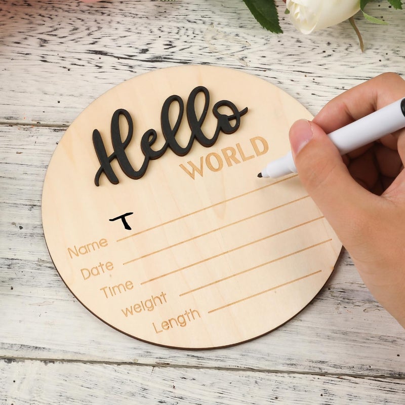 NQEUEPN لافتة إعلان للطفل، 15 سم خشبية "مرحباً بالعالم" لافتة ترحيب لاسم المولود الجديد، لوحة اسم للطفل، دعامة تصوير لحفلة استقبال المولود، المستشفى، غرفة الأطفال (أسود) - Image 3