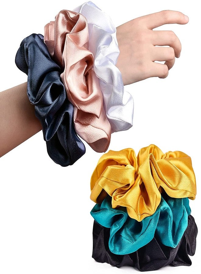 Belicia Black Big Satin Scrunchies for Women Large Scrunchie Blue Satin Hair Ties Oversized Thick Elastic Jumbo Hair Scrunchies 6 Pack (black,gold,champagne,blue,green,white) - Image 1