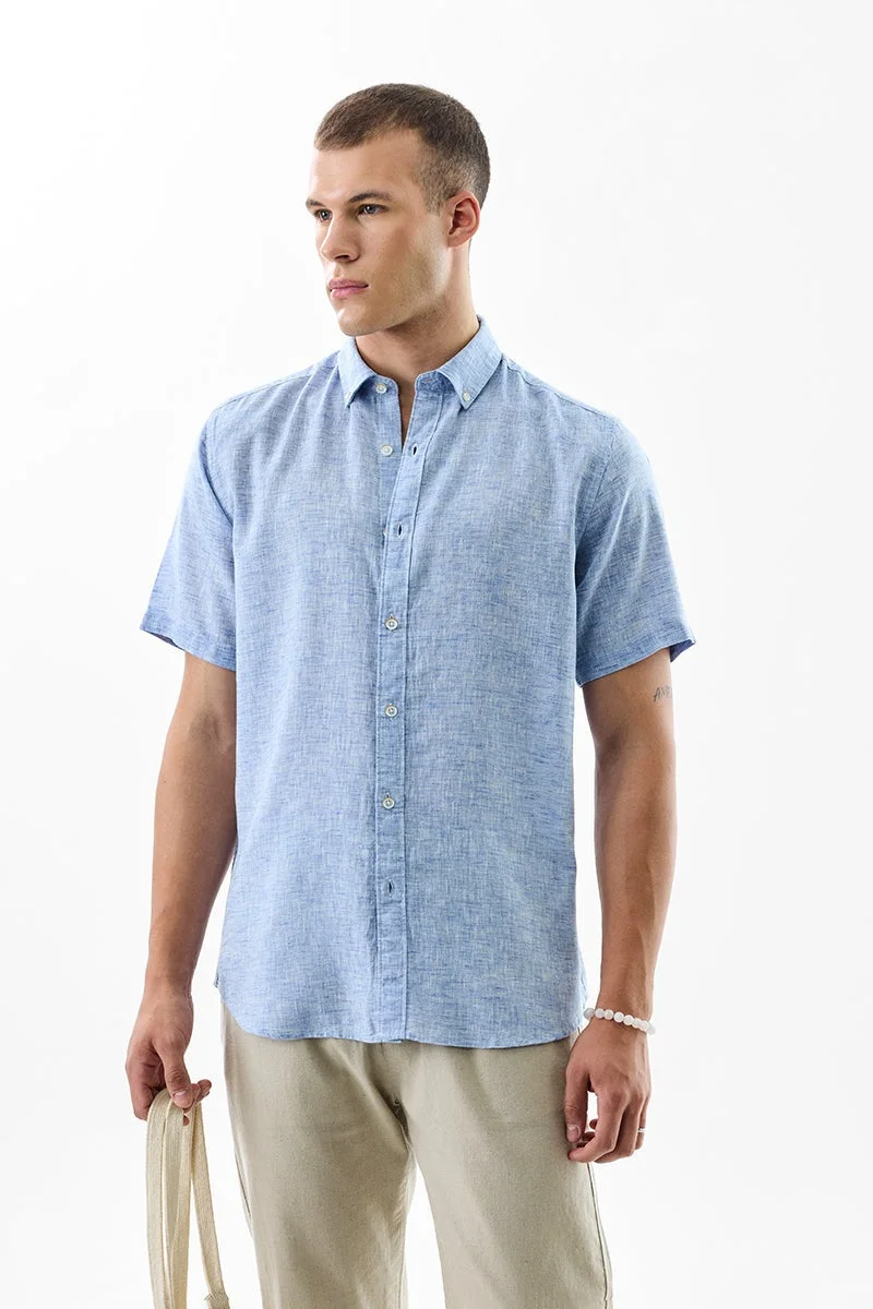 سنيتش Light Blue Solid Half Sleeve Slim Fit Shirt
