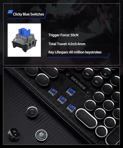 TISHLED Typewriter Keyboard with Faux Leather Panel, Wireless 2.4G/Bluetooth/Wired USB-C, Aesthetic Mechanical Gaming Keyboard 104-Key Clicky Blue Switch, Retro Round Keycap, White LED Backlit, Black - Image 4