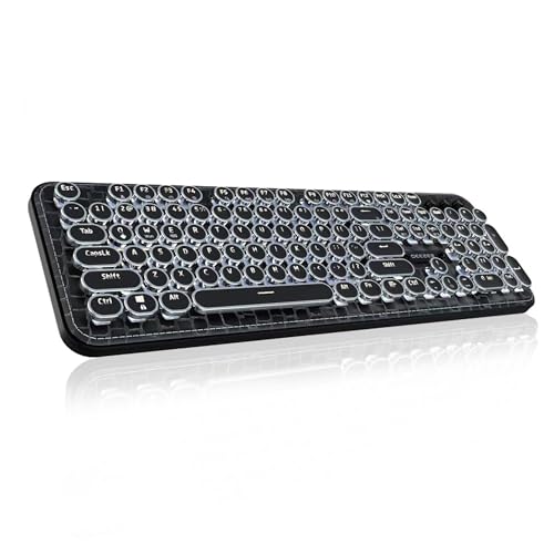 TISHLED Typewriter Keyboard with Faux Leather Panel, Wireless 2.4G/Bluetooth/Wired USB-C, Aesthetic Mechanical Gaming Keyboard 104-Key Clicky Blue Switch, Retro Round Keycap, White LED Backlit, Black - Image 1