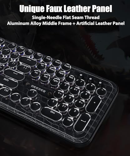 TISHLED Typewriter Keyboard with Faux Leather Panel, Wireless 2.4G/Bluetooth/Wired USB-C, Aesthetic Mechanical Gaming Keyboard 104-Key Clicky Blue Switch, Retro Round Keycap, White LED Backlit, Black - Image 2