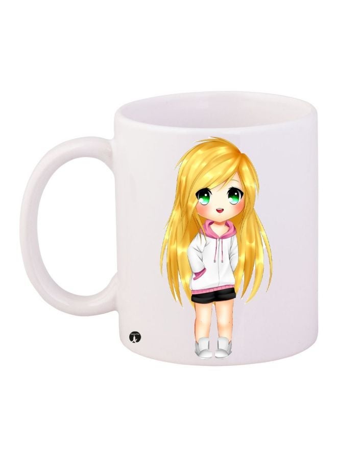 RYN Cartoon Girl Printed Coffee Mug White/Yellow/Pink 11ounce