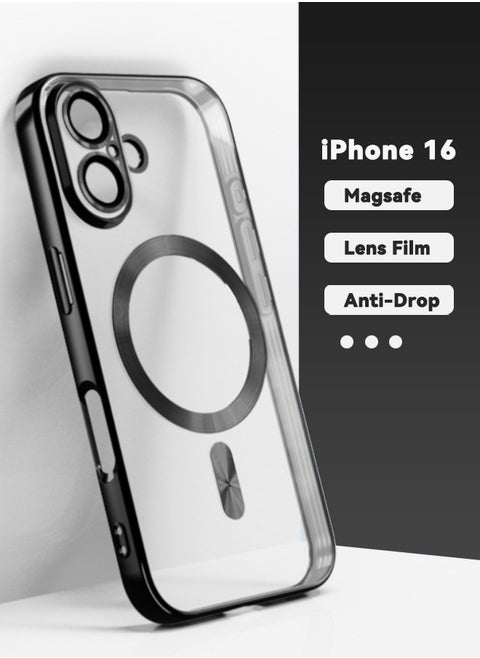 iPhone 16 Case with Camera Lens Protector, [MagSafe Compatible][Anti-Scratch][Anti-Drop][Shockproof] Protective Electroplated iPhone 16 Case for Women Men - Black