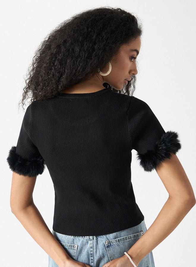 تواكستريمز تيشيرت سادة بتفاصيل من الفرو الصناعي من تو إكستريمز - Image 3