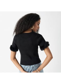 2Xtremz 2Xtremz Solid T-Shirt with Faux Fur Detail  - Image 2