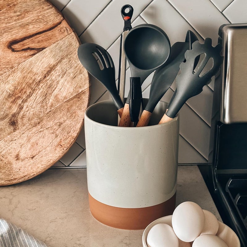 Mora Ceramic Kitchen Utensil Holder - Wooden Spoon & Spatula Crock for Countertop, Modern Farmhouse Home Decor, Extra Large 7.3" Cooking Organizer for Stove Top and Counter - Heavy & Sturdy - Grey - Image 5