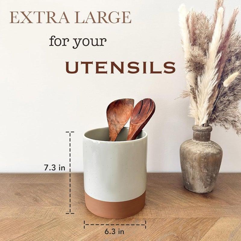 Mora Ceramic Kitchen Utensil Holder - Wooden Spoon & Spatula Crock for Countertop, Modern Farmhouse Home Decor, Extra Large 7.3" Cooking Organizer for Stove Top and Counter - Heavy & Sturdy - Grey - Image 2