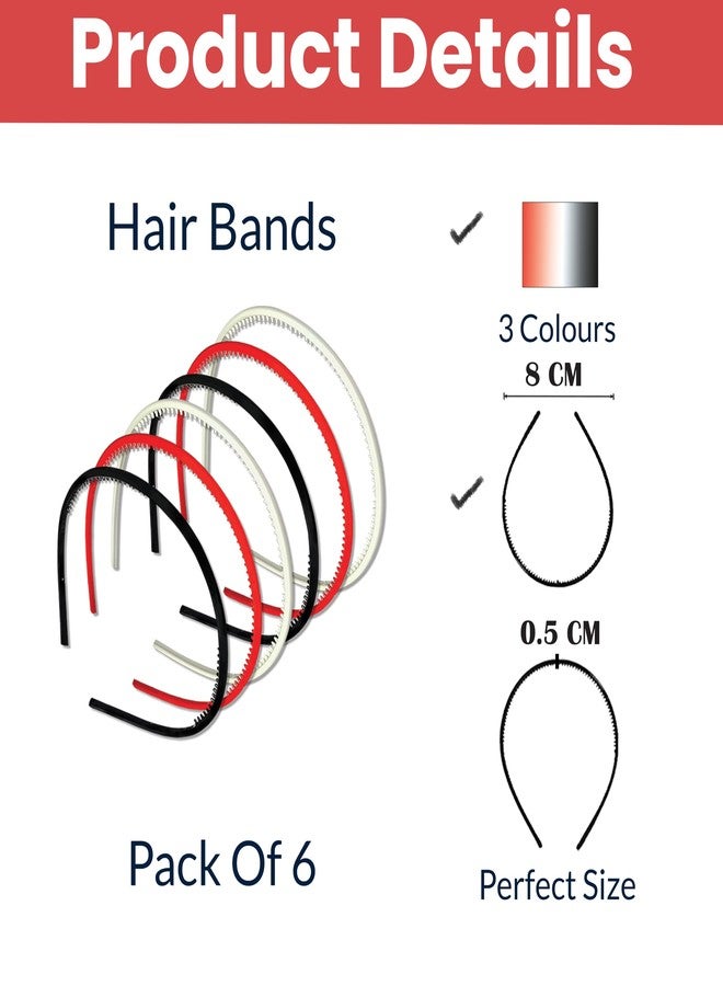 TEMPERIA (6pcs) Hair Band For Girls Women & Kids - Fancy & Stylish Hairband Headband Cute Accessories - 2 Red, 2 Black, 2 White Colours - Image 2