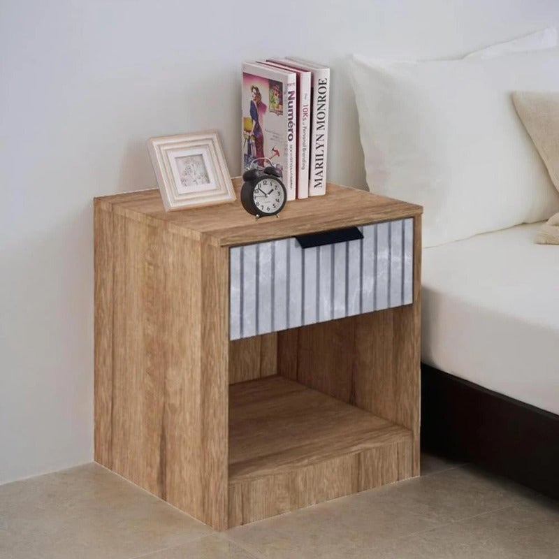 بيتي طاولة جانبية ( كمودينو ) درج ورف اللون خشبي ورمادي - Image 1