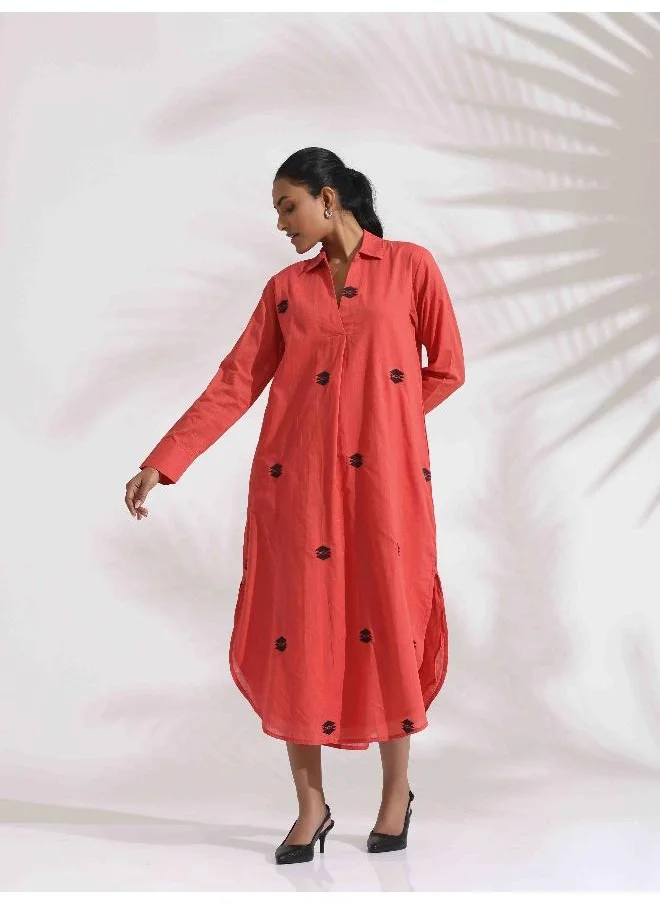 ترو برونز trueBrowns Orange Cotton Embroidered Flared Dress