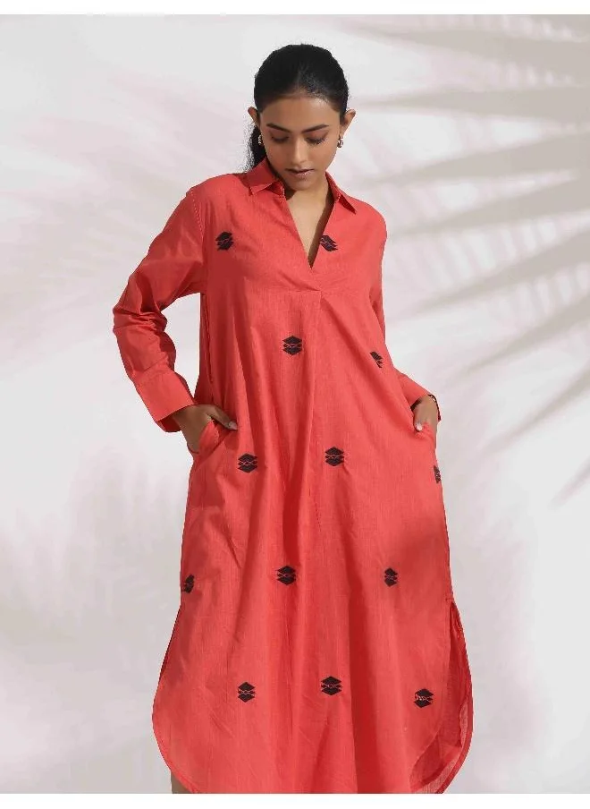 ترو برونز trueBrowns Orange Cotton Embroidered Flared Dress