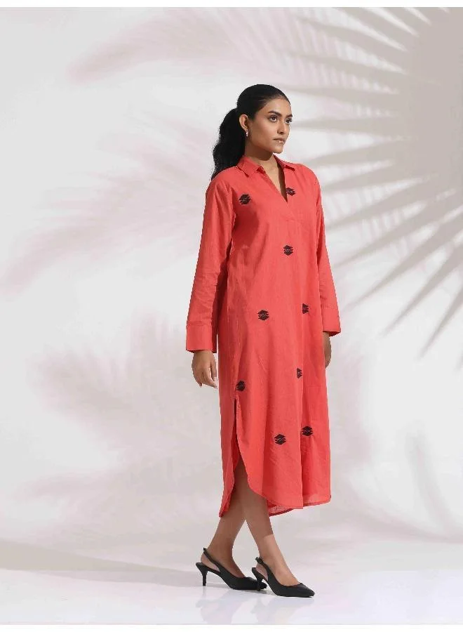 trueBrowns trueBrowns Orange Cotton Embroidered Flared Dress