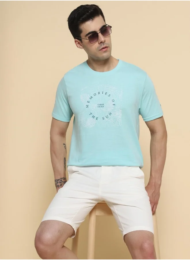 دينيس لينغو Sea Green Regular Fit Printed Crew Neck T-shirt for Men - 100% Cotton, Half Sleeves, Casual