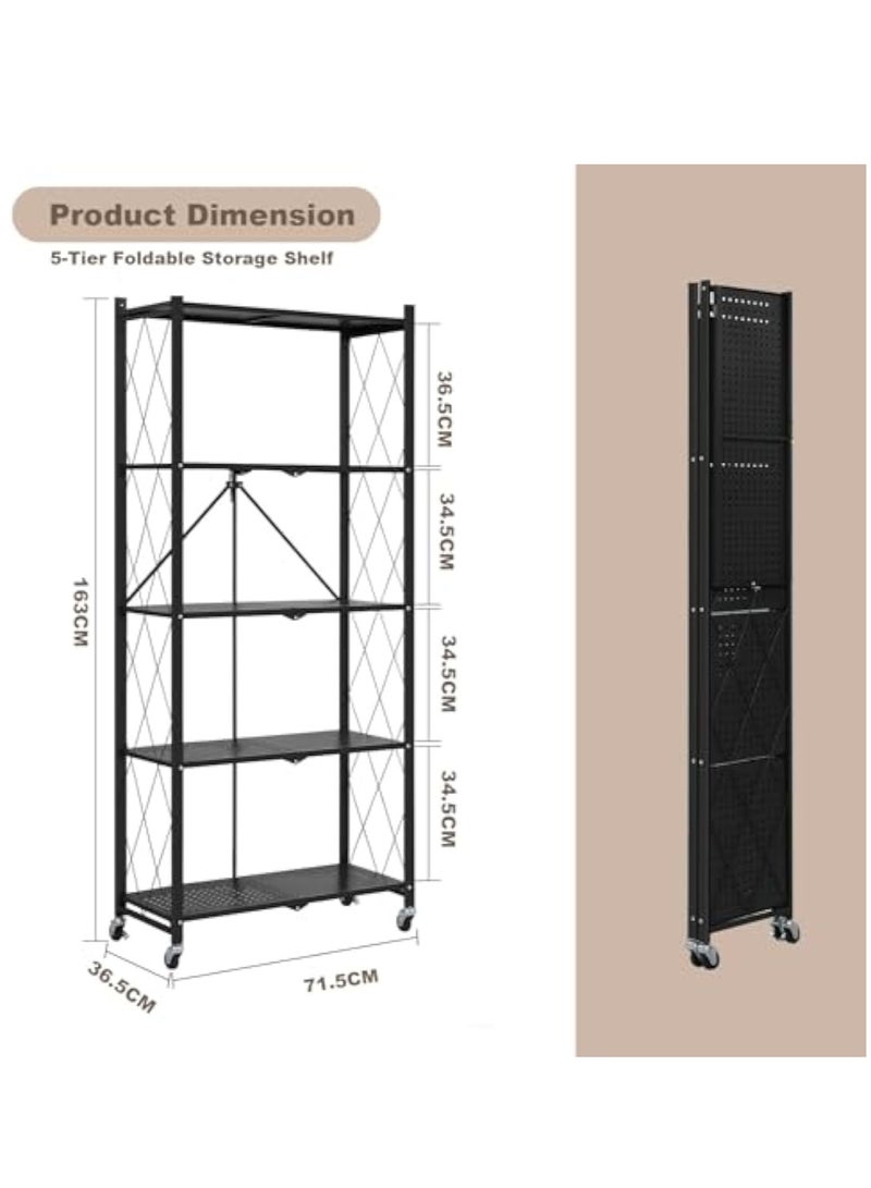 Arabest 5 Tier Heavy Duty Storage Rack Foldable Kitchen Shelf For Garage Home Closet Office Organizer, Shelves on Wheels, Large Capacity Metal Shelving Units For Basement Pantry No Assembly Required Black - Image 2
