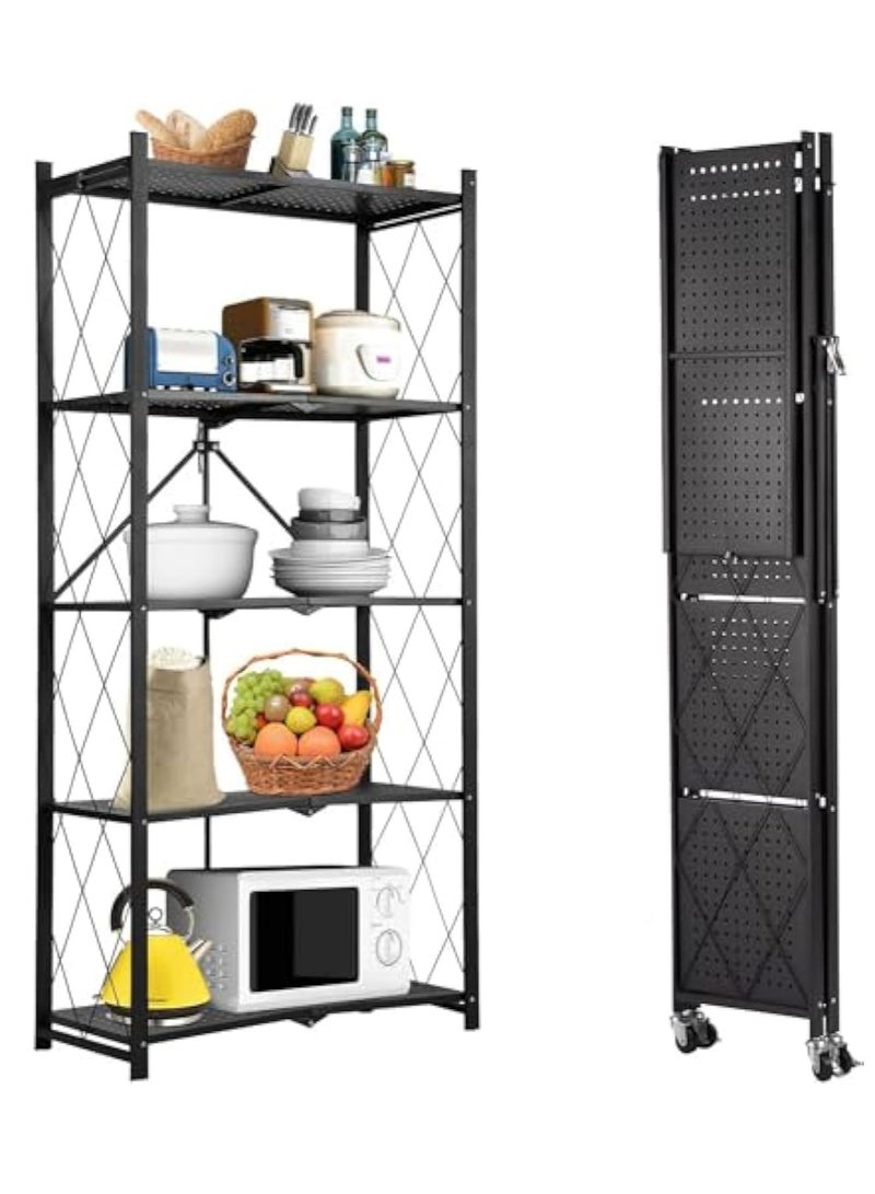 Arabest 5 Tier Heavy Duty Storage Rack Foldable Kitchen Shelf For Garage Home Closet Office Organizer, Shelves on Wheels, Large Capacity Metal Shelving Units For Basement Pantry No Assembly Required Black - Image 1