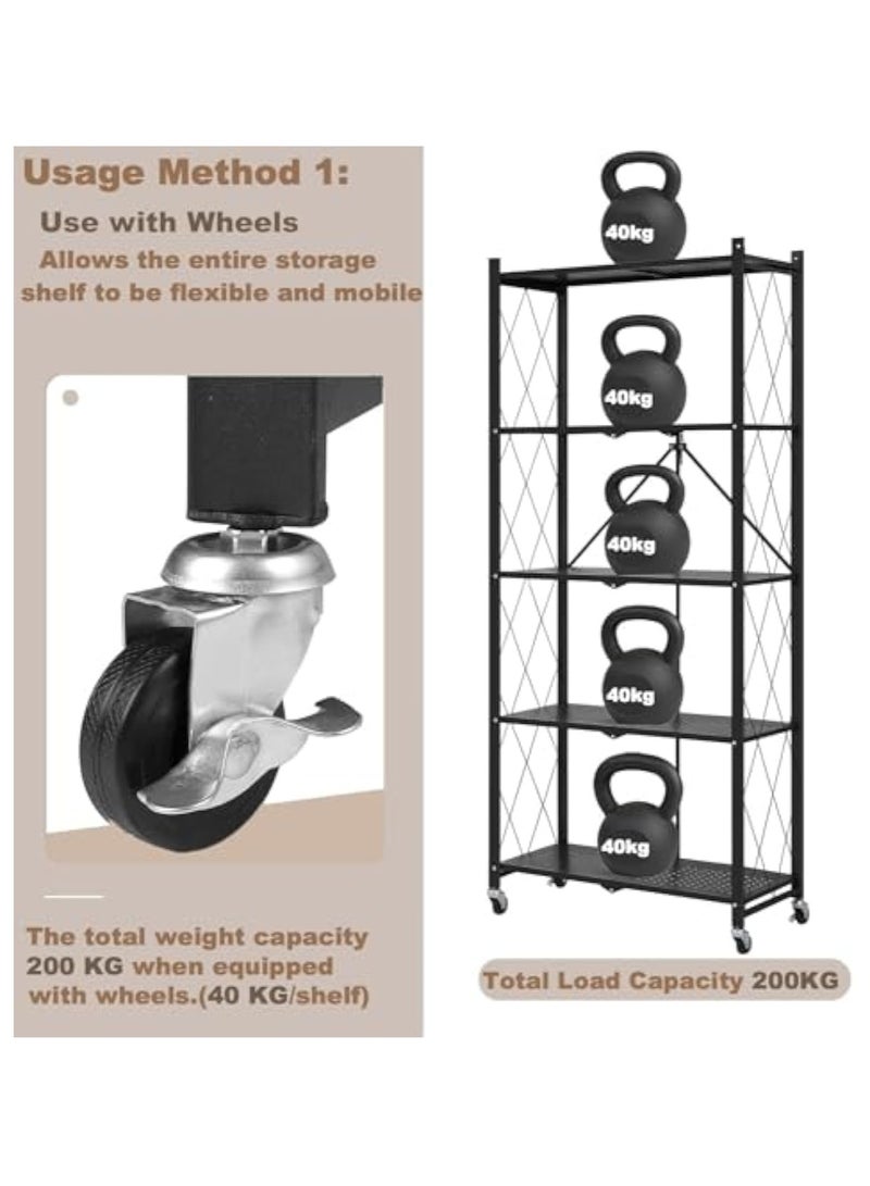 Arabest 5 Tier Heavy Duty Storage Rack Foldable Kitchen Shelf For Garage Home Closet Office Organizer, Shelves on Wheels, Large Capacity Metal Shelving Units For Basement Pantry No Assembly Required Black - Image 5