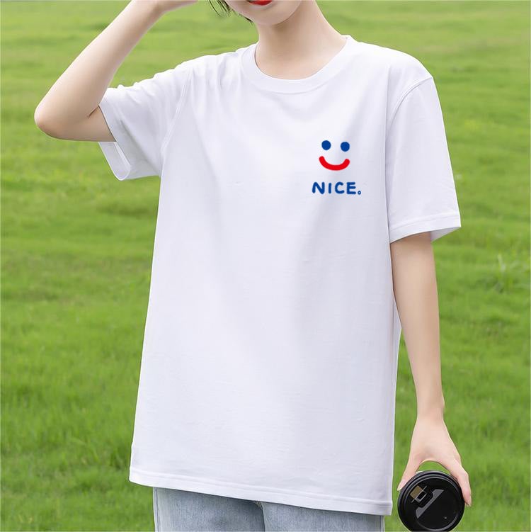 Shoulder Short-sleeved T-shirt Womens 2023 Summer New All-match Crewneck Smiley Printed Top White Half-sleeved T-shirt Trendy nice big smiling face