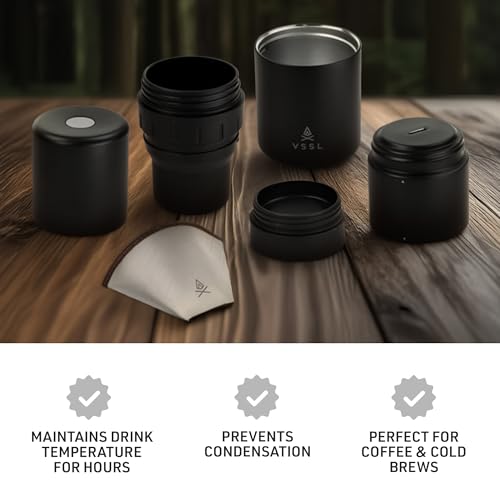 VSSL - Nest Pour Over Coffee Kit | Coffee Maker for Camping | All-In-One Travel Pour Over | Transportable Dripper, Two 10oz Stainless Steel Travel Mugs | Compact Storage & Adventure Ready | Black - Image 5