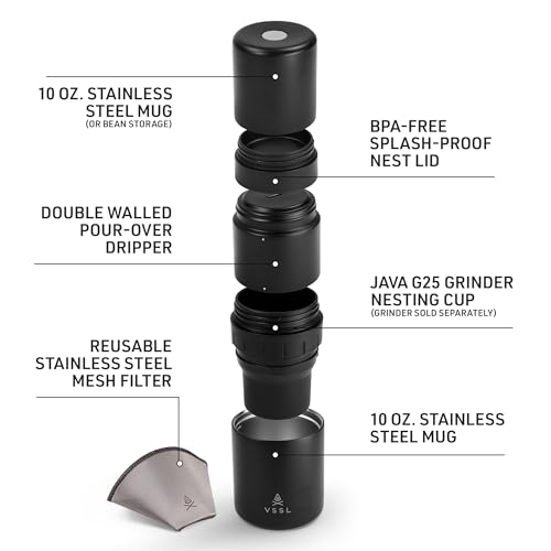 VSSL - Nest Pour Over Coffee Kit | Coffee Maker for Camping | All-In-One Travel Pour Over | Transportable Dripper, Two 10oz Stainless Steel Travel Mugs | Compact Storage & Adventure Ready | Black - Image 4