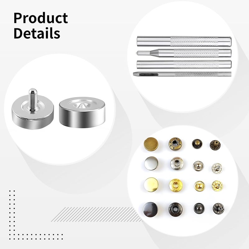 400 Set Leather Snap Fasteners Kit, Metal Press Studs with Tools in Gold, Silver, Bronze, Gunmetal Finishes, Leather Crafting Tools for DIY Bags, Clothing, and More, - Image 2