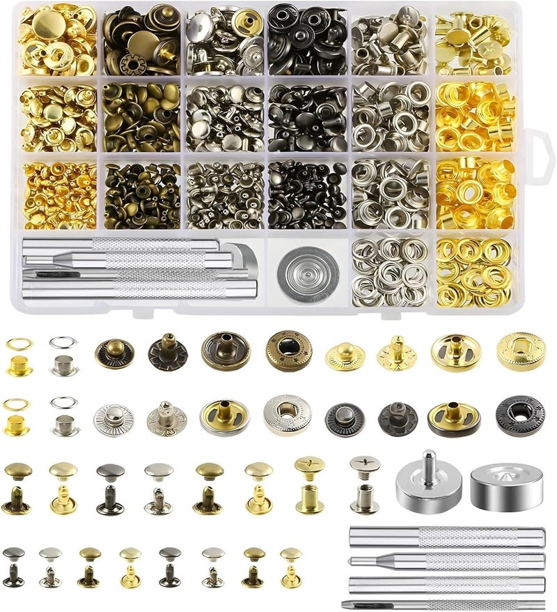 400 Set Leather Snap Fasteners Kit, Metal Press Studs with Tools in Gold, Silver, Bronze, Gunmetal Finishes, Leather Crafting Tools for DIY Bags, Clothing, and More, - Image 1