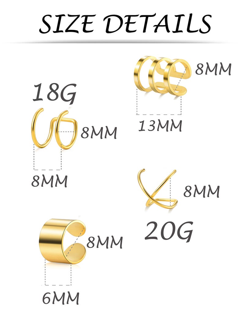 Tornito 4-10 Pairs Stainless Steel Ear Cuff Helix Cartilage Clip On Wrap Earrings Fake Nose Ring Non-Piercing Adjustable (B1: 4 Pairs, Gold Tone) - Image 3