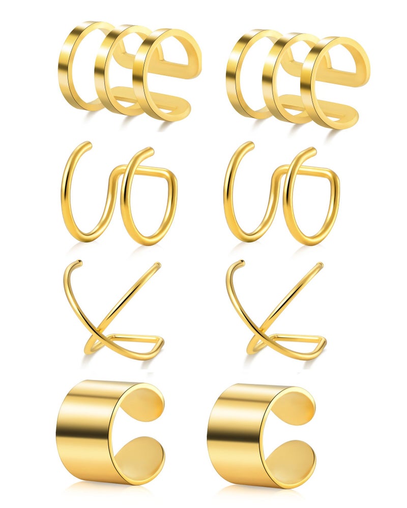 Tornito 4-10 Pairs Stainless Steel Ear Cuff Helix Cartilage Clip On Wrap Earrings Fake Nose Ring Non-Piercing Adjustable (B1: 4 Pairs, Gold Tone) - Image 1