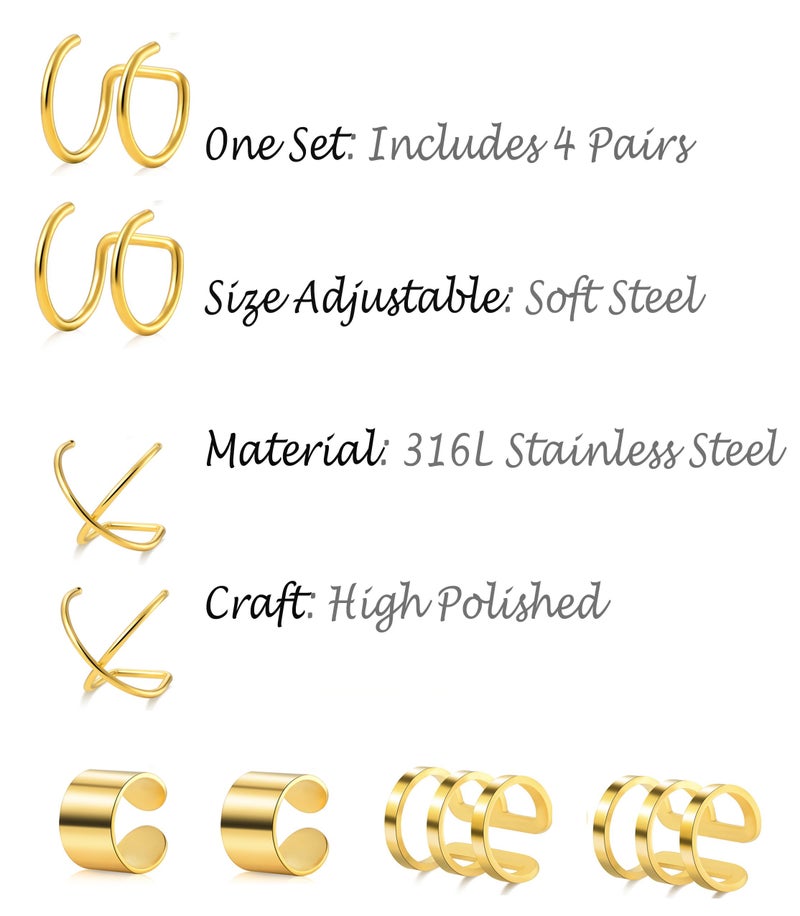 Tornito 4-10 Pairs Stainless Steel Ear Cuff Helix Cartilage Clip On Wrap Earrings Fake Nose Ring Non-Piercing Adjustable (B1: 4 Pairs, Gold Tone) - Image 2