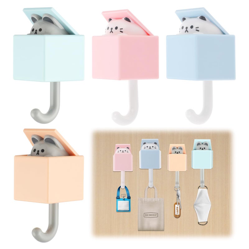 4 Packs Cat Hooks for Wall Creative Adhesive Cute Pet Hooks Coat Hook for Wall Hanging Decorations Utility Cat and Mouse Key Hook for Key Scarf Hat Towel Coat Bag Multicolor 4PCS