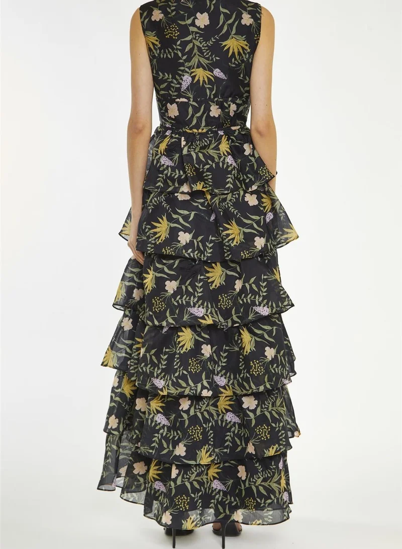 True Decadence Genevieve Black-Stem Nature-Floral Tiered Maxi-Dress