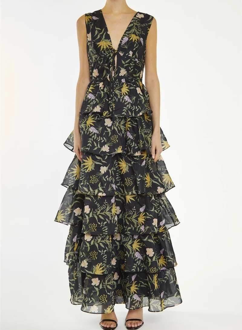 True Decadence Genevieve Black-Stem Nature-Floral Tiered Maxi-Dress