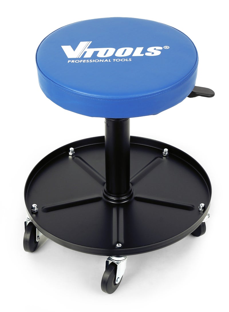 في تولز مقعد أداة هوائي قابل للتعديل مع مقعد مبطن بالرغوة، قاعدة 5 عجلات، سعة 300 رطل، نطاق ارتفاع 380-520 مم، صينية أدوات 380 مم، عجلات دوارة سلسة - Image 1