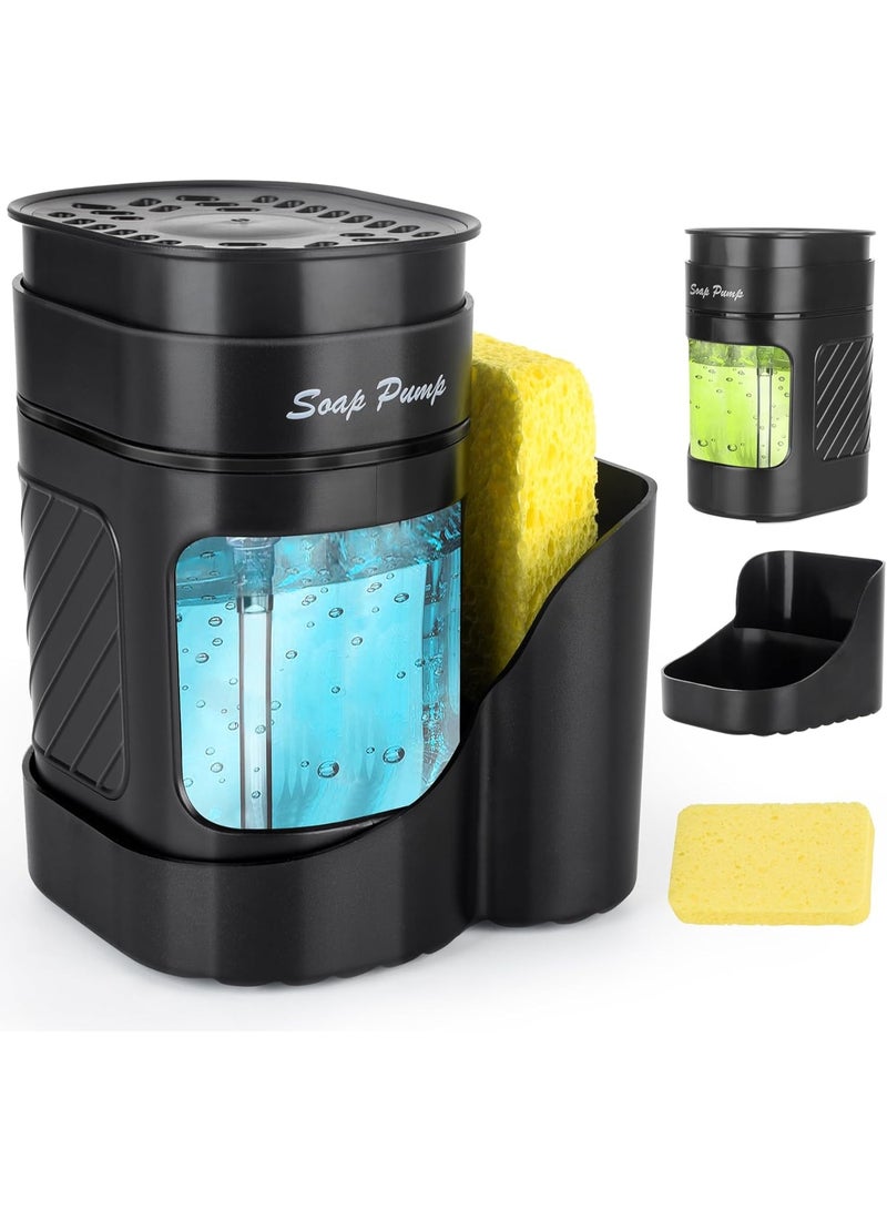 TARZ Kitchen Dish Soap Dispenser with Sponge Holder, 3-in-1 Countertop Dishwashing Soap Pump Dispenser Set for Kitchen Sink, Useful Kitchen Gadgets With Wood Paddle Sponge - Image 1