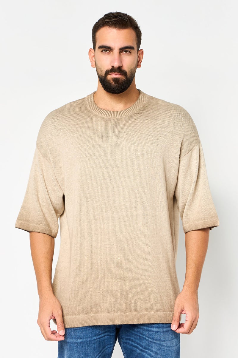 Reserved Men Ribbed Collar Textured Sweater, Brown - Image 1
