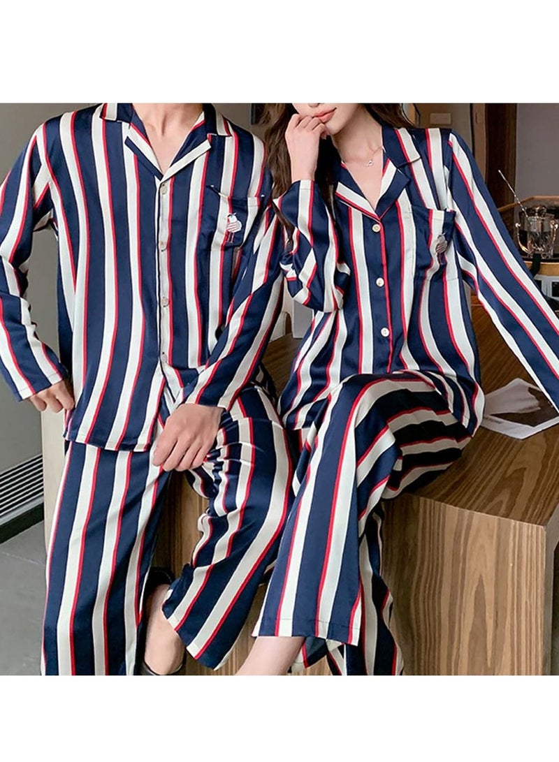 MARGOUN Couples Matching Pajamas Silk Long Sleeve Striped Sleepwear Satin Soft Button Down Loungewear Pjs Blue Large and Medium MG05 - Image 4