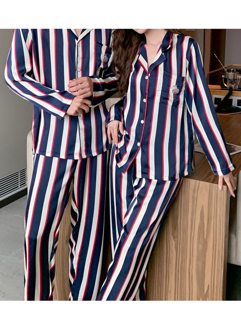 MARGOUN Couples Matching Pajamas Silk Long Sleeve Striped Sleepwear Satin Soft Button Down Loungewear Pjs Blue Large and Medium MG05 - Image 1