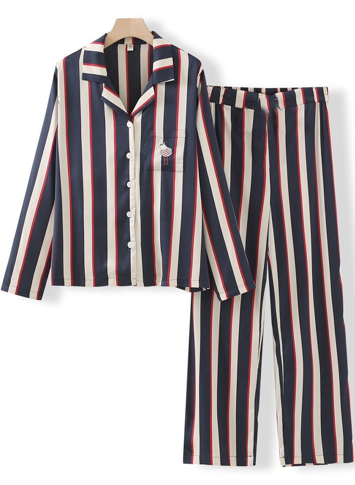 MARGOUN Couples Matching Pajamas Silk Long Sleeve Striped Sleepwear Satin Soft Button Down Loungewear Pjs Blue Large and Medium MG05 - Image 2