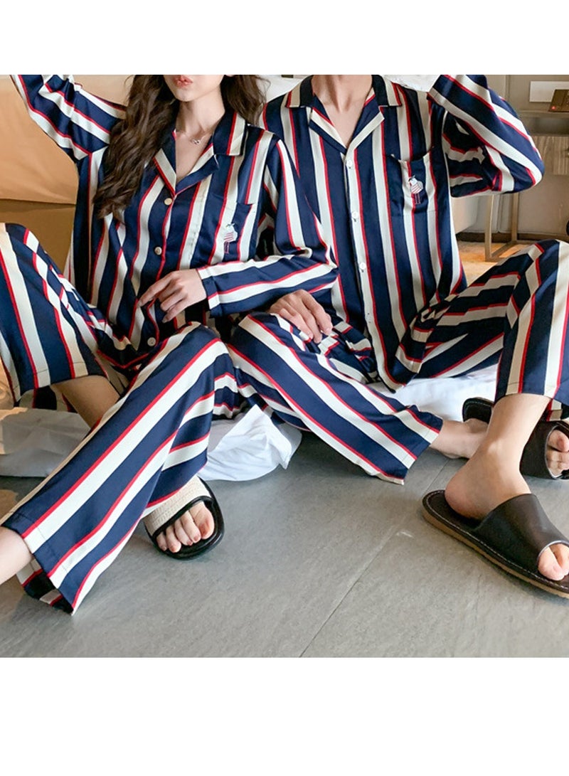 MARGOUN Couples Matching Pajamas Silk Long Sleeve Striped Sleepwear Satin Soft Button Down Loungewear Pjs Blue Large and Medium MG05 - Image 3