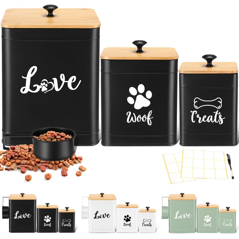 Jingmore Metal Dog Treat Containers Set of 3 with Bamboo Lids and Spoon Airtight 7+3+2 lbs Dog Food Snack Jars with DIY Labels Big Pet Cookie Storage Jar for Kitchen Counter(Black,Classic) - Image 1